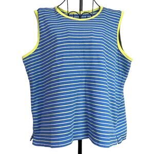 Ladies Blue Summer Knit Tank Top White & Yellow Stripes Contrasting Yellow Trim